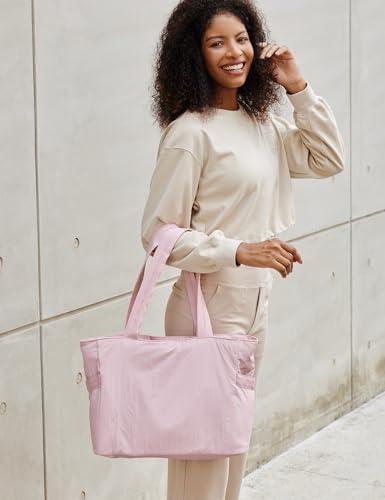 Tote Bag for Women,Puffer Travel Tote Bags with Zipper, Quilted Handbag with Compartments for Travel Work Sport, Pink - color: Pink