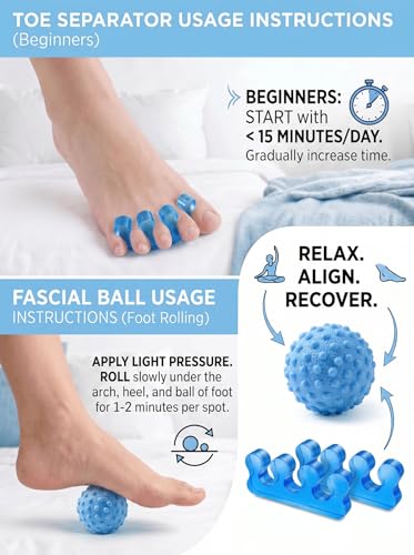 4-Piece Toe Spreaders and Foot Massage Ball Kit | 2 Pairs Gel Toe Stretchers & 2 Spiky Massage Balls for Bunion Relief, Plantar Fasciitis, Foot Pain(Blue) - color: Blue