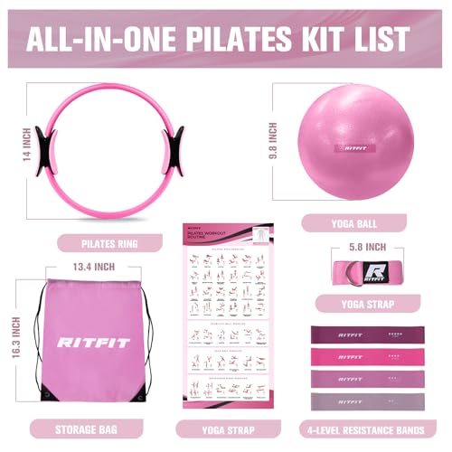 RitFit Pilates Ring 14 Inch Magic Fitness Circle for Inner Thigh Toning | Bonus Workout Guide & Storage Bag Included, Lightweight & Portable, Pilates Yoga Full Body Toning - style: Pink Kit
