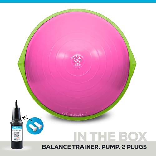 Bosu Balance Ball Exercise Trainer, Home Gym Equipment w/Guided Workouts & Pump, 26" Inflatable Fitness Platform for Strength Training, Standing, Balancing, and Core Workout - color: Pink/Lime Green