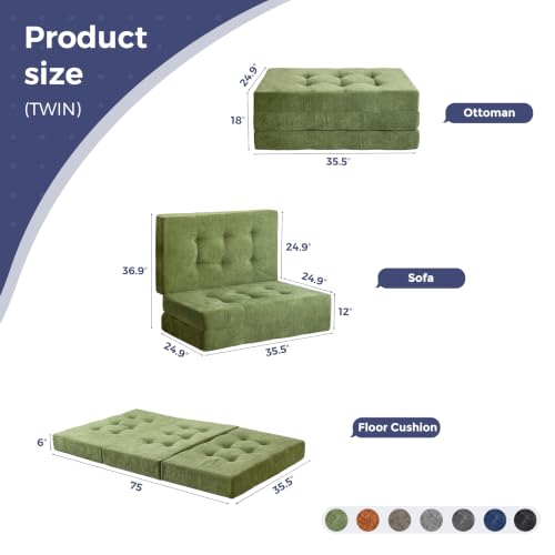MAXYOYO 6" Folding Sofa Bed for Floor, Tufted Tri-Fold Floor Mattress - color: Green, size: Twin