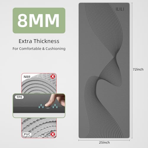 ILILI Exercise Mat 72''x25''×0.3''(8MM) | Compact Eco Friendly TPE Yoga Mat for Pilates & Fitness, Tear Resistant with Carry Strap for Home Gym Studio Stretching - color: grey