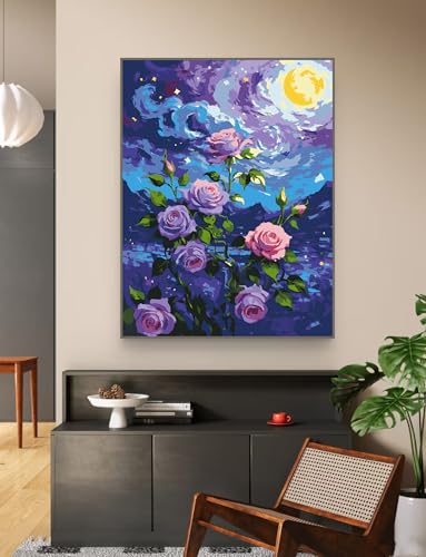 ZRIZQ Flowers Paint by Numbers Kit for Adults Beginner,Purple Rose,16x20 | Full set with wooden brushes,rolled canvas,rich paints.Calming activity.Beginner friendly.Just open and paint. - color: 16"X20"Rolled Canvas(Frameless)-Flowers 2