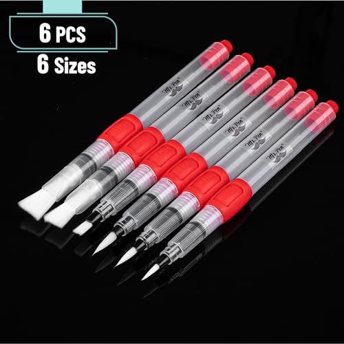 Mr. Pen- Watercolor Brush Pens, 6 pcs | 3 x Point Tips and 3 x Flat Tips Styles, Nylon Bristles, Refillable Watercolor Pens for Acrylic, Gouache, Crayons