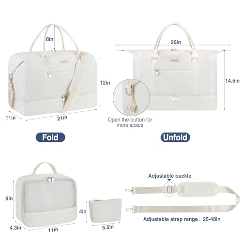 ITIEZY Weekender Bag for Women 21.5" Travel Duffel Large Carry On Bag 3PCS | Nylon Duffel Bag with Waterproof Shoe Compartment, Crossbody Bag and Toiletry Bag, Travel Weekend Hospital Overnight Gym Bag - color: 9A-Off White