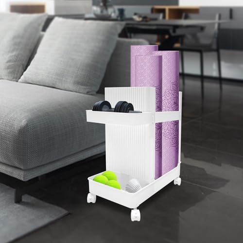 Home Gym Storage Rack, Multifunctional Yoga Mat Display Stand with Wheels, Mobile Workout Equipment Organizer Shelf, Floor Standing Storage Shelf for Home, Gym, Yoga Studio (White) - color: White