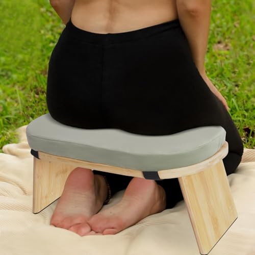 Meditation Prayer Bench, Portable Foldable & 5° Ergonomic Tilt Kneeling Meditation Yoga Stool with Cushion & Carry Bag for Home/Studio/Gym, Bamboo & Velvet Kneeling Stools (Green) - color: Green