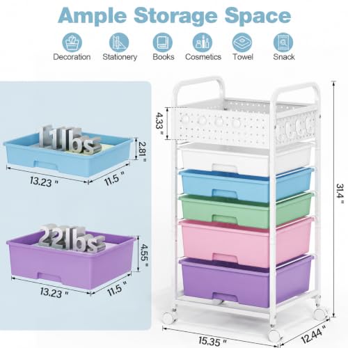 5 Drawer Rolling Storage Cart with Pegboard Top and Hooks, Ice Cream | Mobile Organizer Cart with Wheels for Office Supplies, Craft Storage, Classroom Organization, Home Utility Cart - color: Ice Cream, size: 5-Drawers