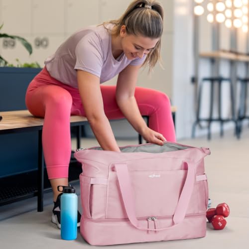 Gym Bag for Women, 45L Carry On Travel Duffel Bag with Shoes Compartment - color: Pink, size: Large