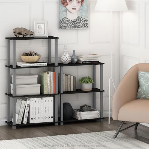 Furinno TURN-S-TUBE 보관 선반 2개 세트, 3단 책장, 코너 선반, 도구가 필요 없는 오픈 선반, 사각형 튜브, 정리 및 보관용, 거실, 차고, 홈 오피스, 블랙 - color: 블랙/그레이., size: 3단 정사각형 튜브 (세트)