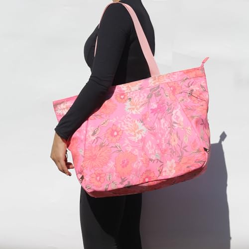 ESVAN Yoga Tote Bag for Women Drawstring Canvas Shoulder Bags for Workout Travel Carryall Pilates Gym and Beach - color: Pink
