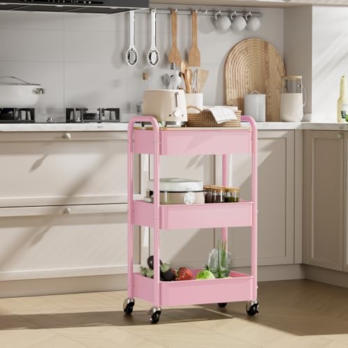 3-Tier Rolling Cart with Table Top, Metal Utility Cart on Wheels | Sturdy Storage Organizer Cart with Lockable Wheels&Hooks for Craft, Office, Classroom, Kitchen and Bathroom, Pink - color: Pink
