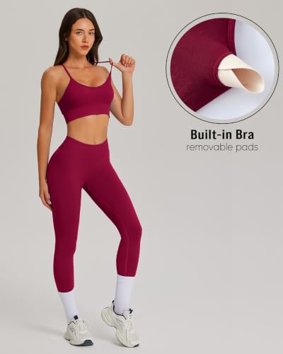 OMKAGI Padded Workout Sets for Women Cross Back Tank Gym Leggings Outfits - color: 772-wine Red, size: Large