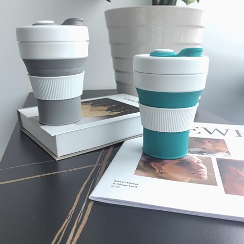 Silicone Collapsible Travel Mug Gray 15oz / 450ml - Leak-Proof Reusable Silicone Water Bottle for Hot and Cold Beverages - Travel Office and Home - Dishwasher Safe - Straw Included - color: Gray