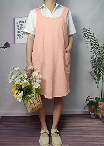 Cotton Cross Back Aprons Solid Color Cooking Kitchen Garden Smock for Women Girls with Pockets - color: Pink