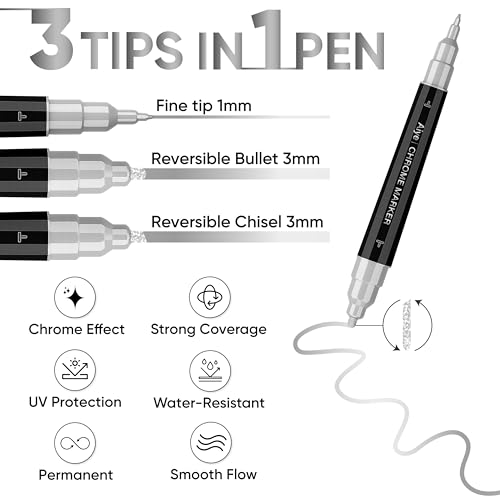 2PK Dual Tip Liquid Chrome Markers, Permanent Mirror Chrome Pens | 1mm & 2-5mm Reversible Tips Permanent Metallic High Gloss Marker for Metal, Plastic, Fabric, Model, Touch-Up & Repair Kit - color: 2PK Dual Tip - Chrome