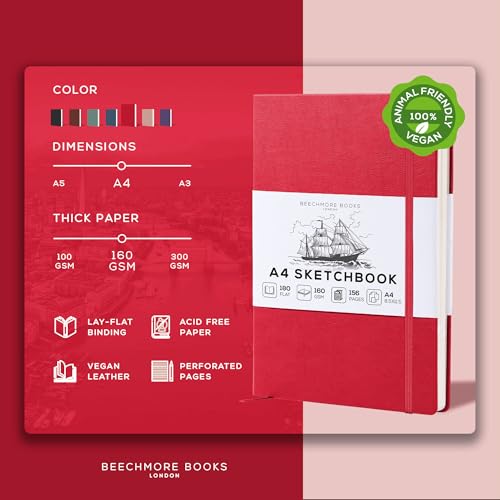 Beechmore Books A4 8.5x11 Mixed Media Sketchbook 160 GSM/98LB with Gift Box | Hardcover Art Journal with Lay-Flat Binding, 156 Perforated Ivory Pages for Drawing, Ink & Light Watercolor - color: Scarlet Red, size: A4 - 8.5" x 11.5" Large