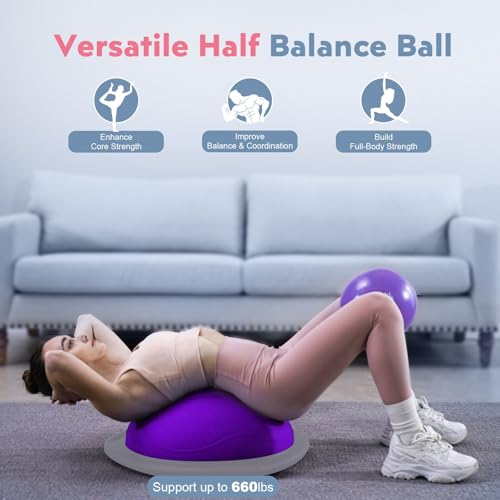 kisnbld Half Balance Ball Trainer, Inflatable 19/23 Inch Half Exercise Ball with Resistance Bands and Pilates Ball, Non-Slip 660lbs Capacity Yoga Ball for Home Gym Full Body Workouts