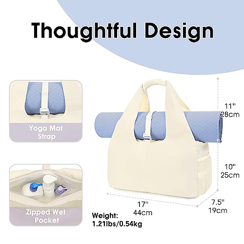 Sportsnew Tote Yoga Mat Gym Bag 20L Women W/Shoe Compartment Wet Dry Pocket | Water-Resistant Gym Tote - Mat Strap, Ventilated Shoe Bin, Wet Pocket, Padded Handle, Multi Pockets, Side Mesh & Key Clip - color: Beige
