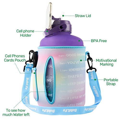 QuiFit 1 Gallon Water Bottle - with Straw & Motivational Time Marker Leak-Proof BPA Free Reusable Gym Sports Outdoor Large(128OZ/73OZ) Capacity Water Jug - color: QFC5 Purple/Blue Gradient with Sleeve, size: 128 Ounces