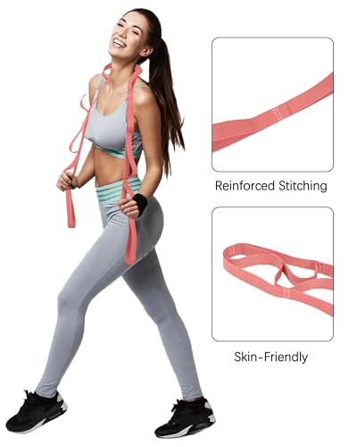 10 Loop Yoga Stretching Strap for Physical Therapy - Non-Elastic Exercise Band for Pilates, Yoga, Stretching for Women & Men - color: Pink