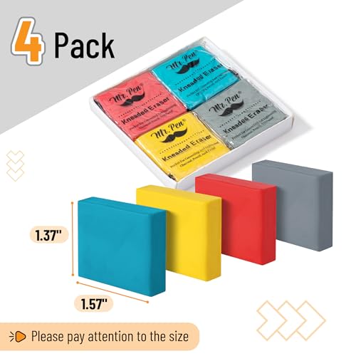 Mr. Pen- Kneaded Eraser, 4 Pack, Colorful, Kneaded Erasers for Artists | Art Eraser, Kneadable Erasers, Moldable Eraser, Art Erasers for Drawing, Artist Eraser, Drawing Erasers, Art Gum Eraser - color: Yellow, Blue, Red, Gray, size: 4 Pack