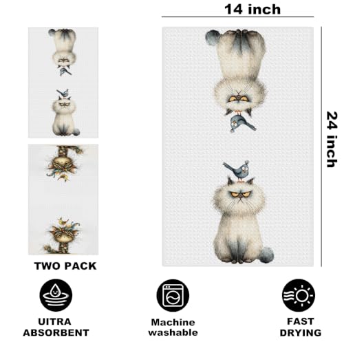 2 Pcs Funny Bird Cat Kitchen Towels, Cute Cats Gifts Reusable Hand Towels | Cat Dish Cloths for Drying Dishes, Cats Waffle Dish Towels for Kitchen Bathroom Decor, Cat Lover Gifts for Women Mom Grandma - color: Multi 1630
