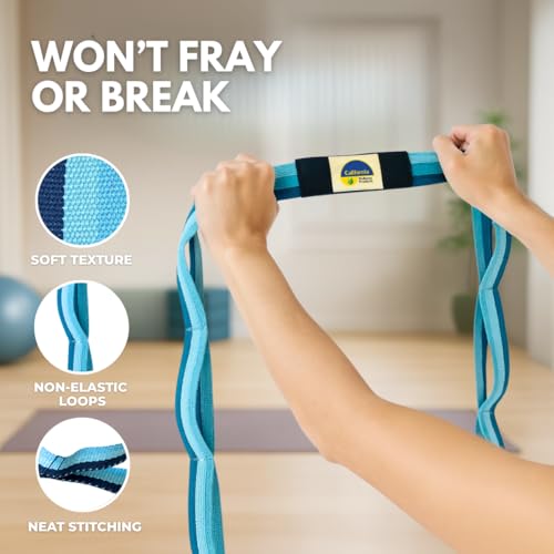 California Yoga Strap | Yoga Belt with Loops | 12 Multi Loop & Non-Elastic | Stretching Strap | Gym Workout & Exercise Bands | Physical Therapy | Improves Sitting Posture for Women & Men - color: Blue