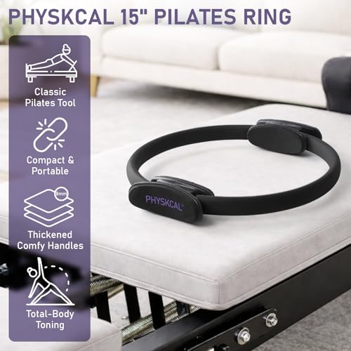 PhysKcal Pilates Ring, 15-Inch Magic Circle with Thick Padded Handle | Pilates Equipment for Toning Inner Thighs, Arms and Strengthening Cores with Workout Sheet Included - color: Onyx Night