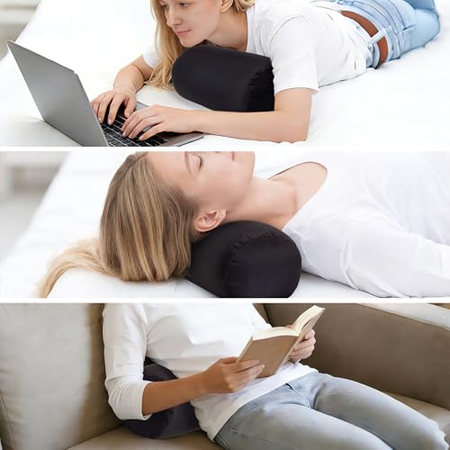 Microbead Bolster Tube Pillows with Double Cover,Squish Bean Bed Microbead Pillow Soft Neck Back Lumbar Support Smooth Cool Touch Comfortable Fabric (Black) - color: Black