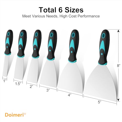 6 Pack Putty Knife, 1” 1.5” 2” 3” 4” 5” Spackle Knives, Premium Stainless Steel Paint Scraper, Perfect Tools for Repairing Drywall, Removing Wallpaper, Applying Mud Plaster