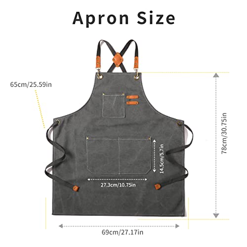 Tosewever 2 Pack Canvas Cross Back Chef Apron for Men Women with Pockets, Cotton Tool Aprons for Cooking Kitchen BBQ Artist - color: Grey