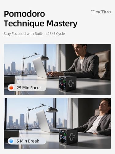 Ticktime Pomodoro Timer Cube, with 25/5 Auto Cycles, 5/25/30/60 Min Presets, Custom Timer, Stopwatch, Magnetic, Rechargeable, Silent, Vibrate & Sound, for Task, ADHD, Study, Work, Meeting, Black