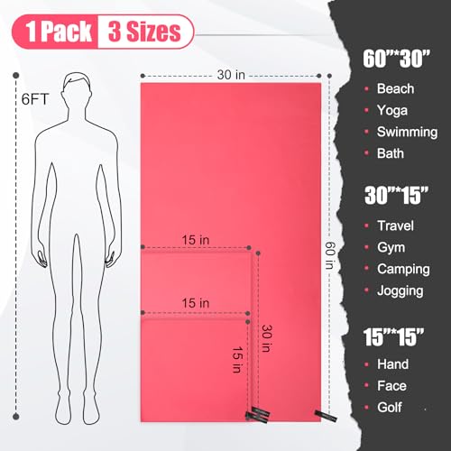 Quick Dry Travel Towel, 3 Sizes 1 Pack Camping Microfiber Towel, Lightweight Fast Drying Towels Set 60"x30", 30"x15", 15"x15" w/Bag for Gym, Beach, Hiking, Swimming, Red - color: Red