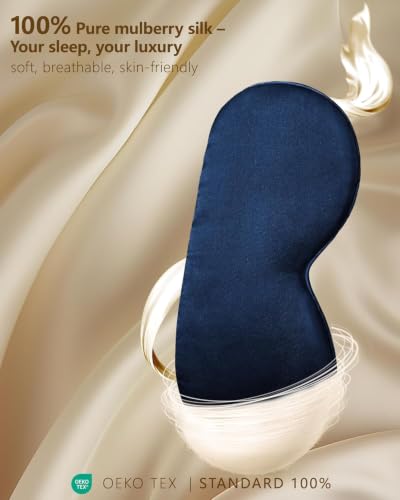 Silk Eye Mask for Sleeping - Soft Breathable Organic Natural Mulberry Silk Fabric Blackout Sleep Mask with Adjustable Straps No Pressure Eye Mask for Travel Essentials Gifts (Navy Blue) - color: Navy Blue
