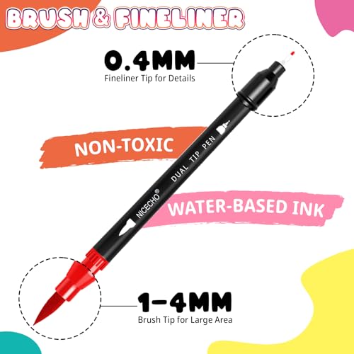 Nicecho 24 Colors Dual Tip Art Markers Pens for Adult Coloring Books | Brush and Fineliner Tip Art Suppliers for Journaling Note Taking Lettering - color: 24 Colors