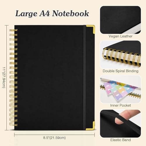 Blank Spiral Notebook: Sketch Book 8.5" X 11", Hardcover Leather Sketchbook | 300 Pages Unlined Notebooks for Women Men,100gsm Thick Paper Journal, A4 Large Art Sketchbook for Drawing Writing Work,Black - color: Black, size: A4