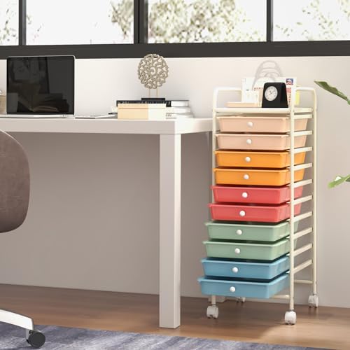 GOFLAME 10-Drawer Rolling Storage Drawer Cart, Utility Cart with Removable Drawers & Metal Frame, Mobile Art Craft Drawer Cart with Lockable Wheels for Home, Office, Studio, School, Macaron Color - color: Macaron Color, size: 10-Drawer without Wood Top