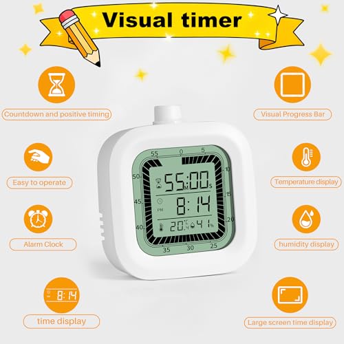 Visual Timer, 60 Minutes Countdown & Countup Timer, Digital Alarm Clock with Temperature and Humidity Monitor, 4 in 1 Multifunctional Desk Clock for Kids Study, Kitchen, Office and Home,Black - color: Black