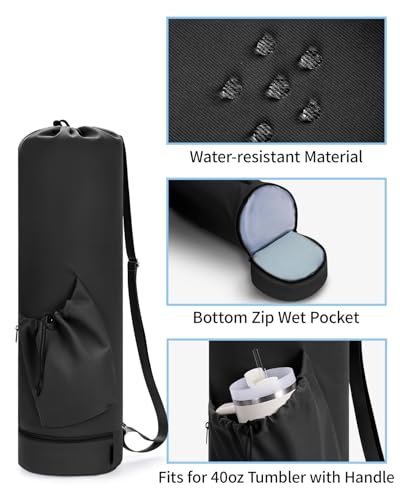 sportsnew Yoga Mat Bag with Water Bottle Pocket & Wet Pocket for Women - color: Black, size: Large