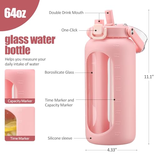 BLUEGO 64oz Glass Water Bottle with Handle and Straw, Motivational Sports Water Bottle with Time Marker and Silicone Sleeve Leakproof Drinking Bottle for Travel Gym Workout, Pink - color: Pink, size: 64 Ounces