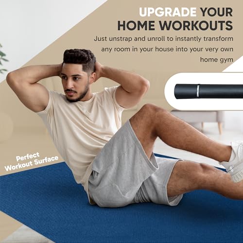 Gorilla Mats Large Exercise Mat β 6'x4', 7'x4', 7'x5', 8'x4', 10'x4' (1/4" Thick) β Ultra Durable Workout Mat for Home Gym Flooring β Non-Slip, Flat Fitness, Yoga & Weight Lifting Floor Mat - color: Midnight Blue Mat with Gray Towel, 2 Storage Straps and