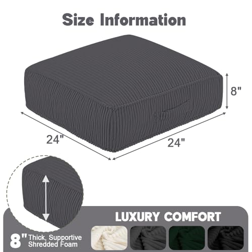 Meditation Floor Pillow for Adults, 8" Extra Thick Floor Cushion - color: Dark Grey, size: 24x24x8 inch
