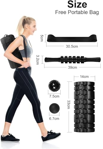 6 in1 Foam Roller Set, Trigger Point Foam Roller, Yoga Stick, Massage Ball, Fixation Ball, Fitness Stretching Strap, Carrying Bag, Towel for Deep Muscle Massage Pilates Yoga - color: Black