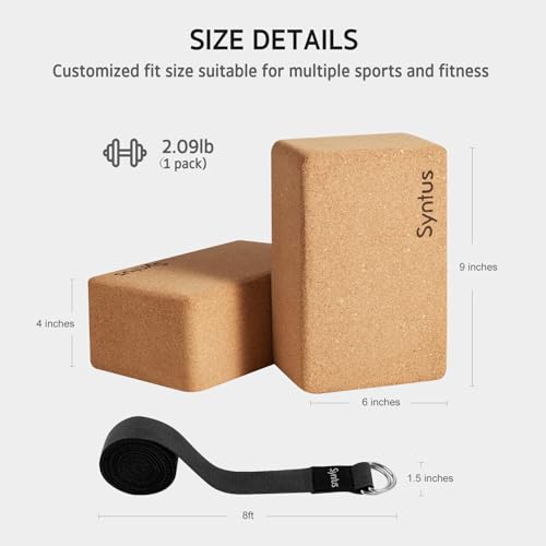 Syntus Yoga Block & Strap Set for Fitness, Pilates, Stretching and Toning | Natural Cork, EVA, 9×6×4 in, Eco-Friendly, Strong Support, Easy to Grip, Anti-Slip, Yoga, Pilates, Stretching Use - color: Cork