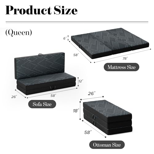 Vamcheer Folding Mattress Queen Size Foldable Mattress 6 Inch 78"x58"x6" | Tri Folding Mattress Trifold Memory Foam Mattress with Washable Cover, Handle & Non-Slip Bottom for Travel Camping Guest - size: Queen-6 inch