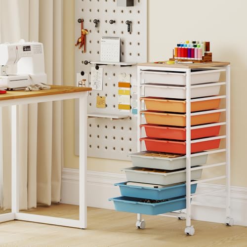 GOFLAME 10-Drawer Rolling Storage Cart, Craft Storage Cart with Wooden Tabletop and Lockable Wheels, Art Cart Supply Storage Organizer with Metal Frame for Home Office Classroom, Macaron Color - color: Macaron Color, size: 10-Drawer with Wood Top