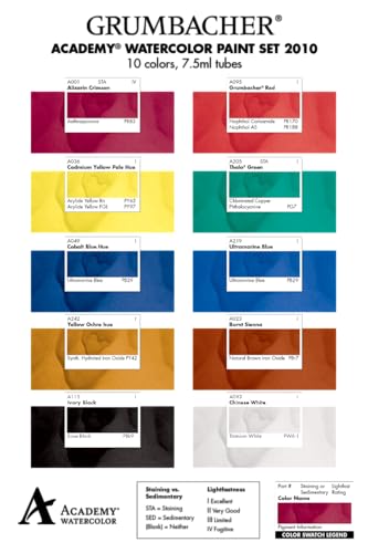 Grumbacher Academy Watercolor Paint, 7.5ml/0.25 oz. Tube, 10-Color Set - color: 10-color Set