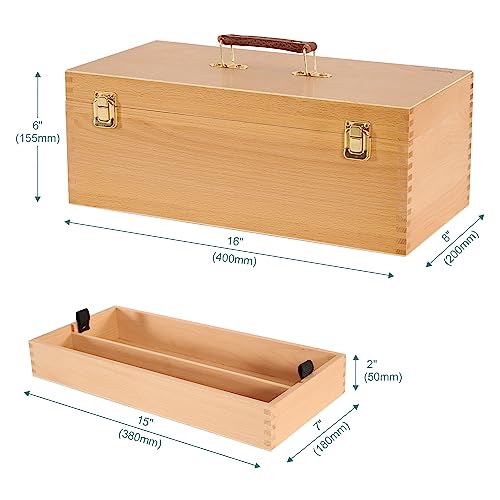 VISWIN 16"x8"x6" Large Art Storage Box, Double-Layered Solid Beech Wooden Tool Box for Art Supplies, Wooden Tool Box for Paint Brush, Pen, Pastel, Paining Supplies - size: Two layers