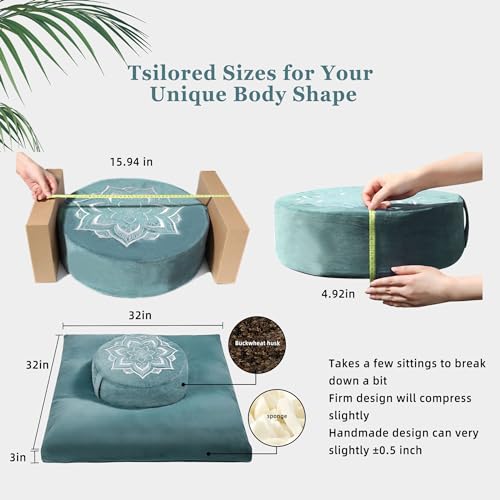 Meditation Zafu Cushion Set with Buckwheat Hulls & Memory Foam - Ergonomic Support for Yoga & Sitting - Removable Machine-Washable Luxury Velvet Cover - for Adults and Kids (Green) - color: Green